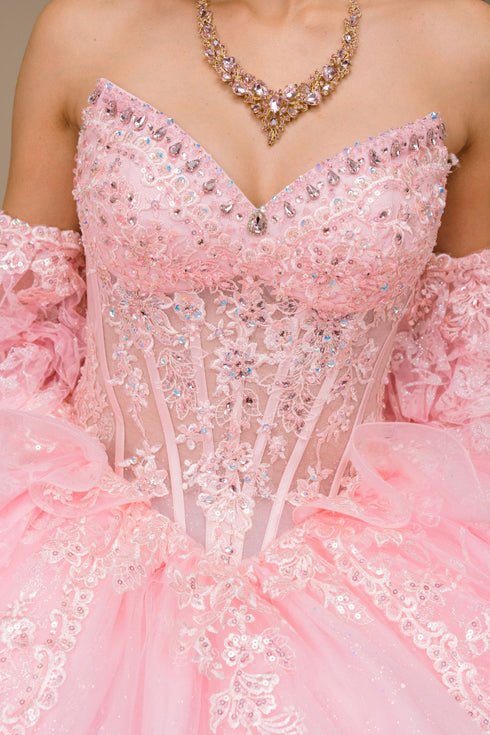 Women's Pink 3D Floral Sequin Off-Shoulder Quinceañera Ball Gown 4/XS-16/3X