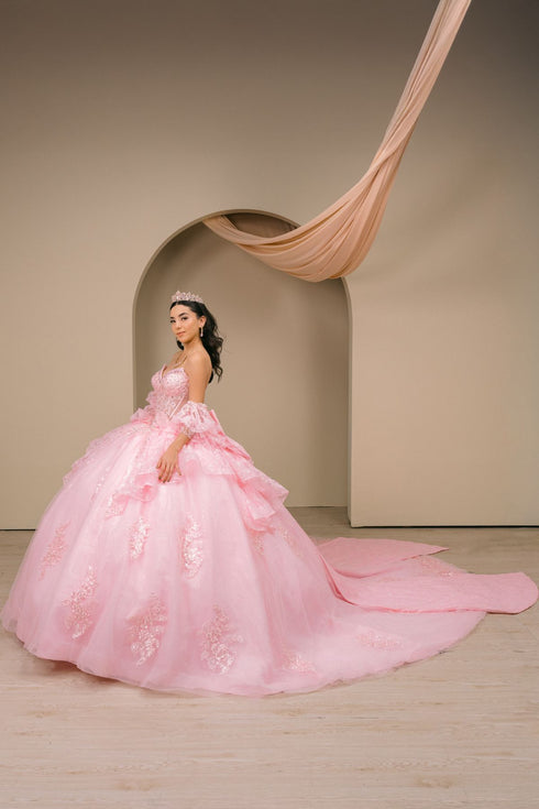 Women's Pink 3D Floral Sequin Off-Shoulder Quinceañera Ball Gown 4/XS-16/3X