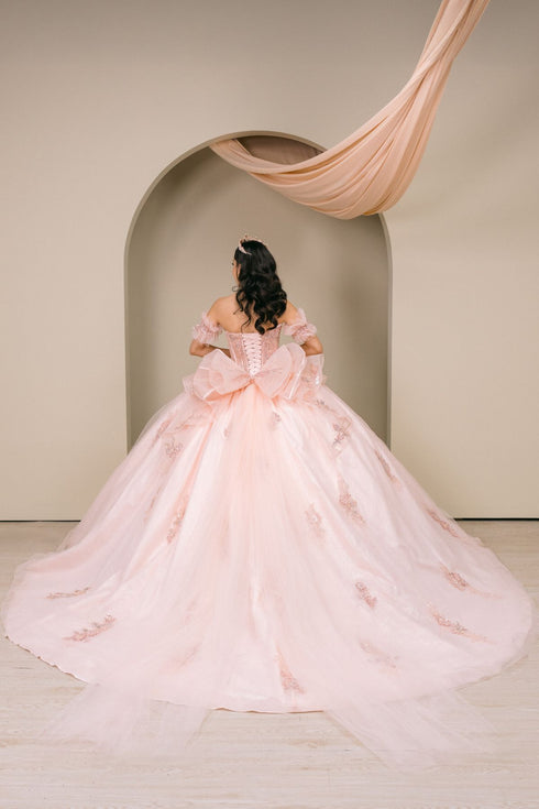 Women's Blush Pink Beaded Off-Shoulder Quinceañera Ball Gown 4/XS-16/3X