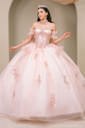 Women's Blush Pink Beaded Off-Shoulder Quinceañera Ball Gown 4/XS-16/3X