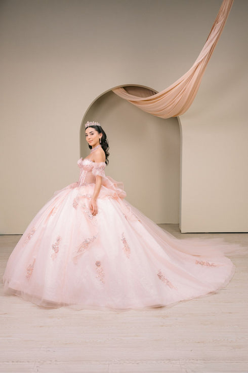 Women's Blush Pink Beaded Off-Shoulder Quinceañera Ball Gown 4/XS-16/3X
