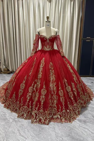 Womens Red Regal Crimson Gold Embroidered Ball Gown with Train 4/XS-16/3X