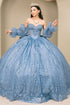 Womens Dusty Blue Beaded Quinceañera Ball Gown with Puff Sleeves 4/XS-16/3X