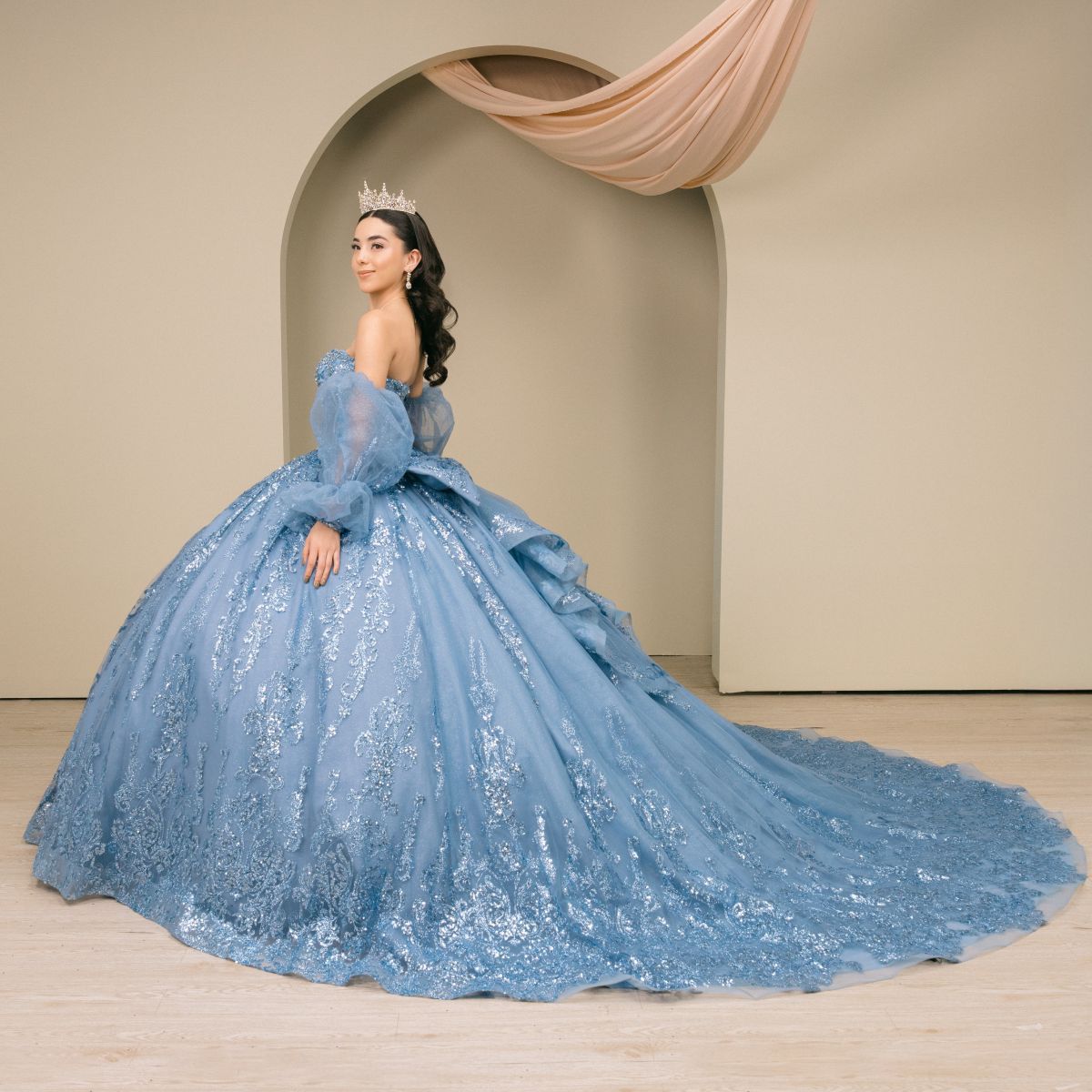 Womens Dusty Blue Beaded Quinceañera Ball Gown with Puff Sleeves 4/XS- –