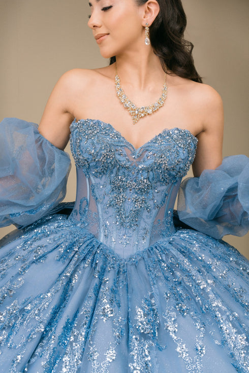 Womens Dusty Blue Beaded Quinceañera Ball Gown with Puff Sleeves 4/XS-16/3X