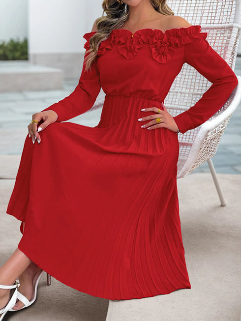 off-shoulder-ruffle-pleated-midi-dress-Sophia's Style-4