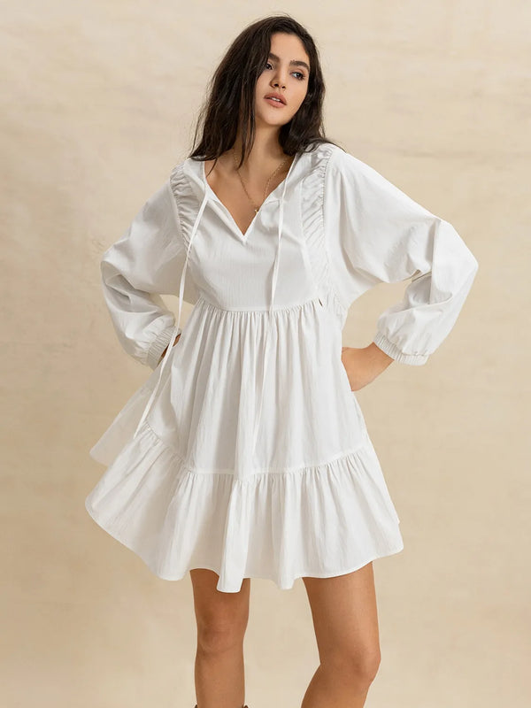 tiered-tie-neck-long-sleeve-mini-dress OhSoStyled - Sophia's Style in White-1