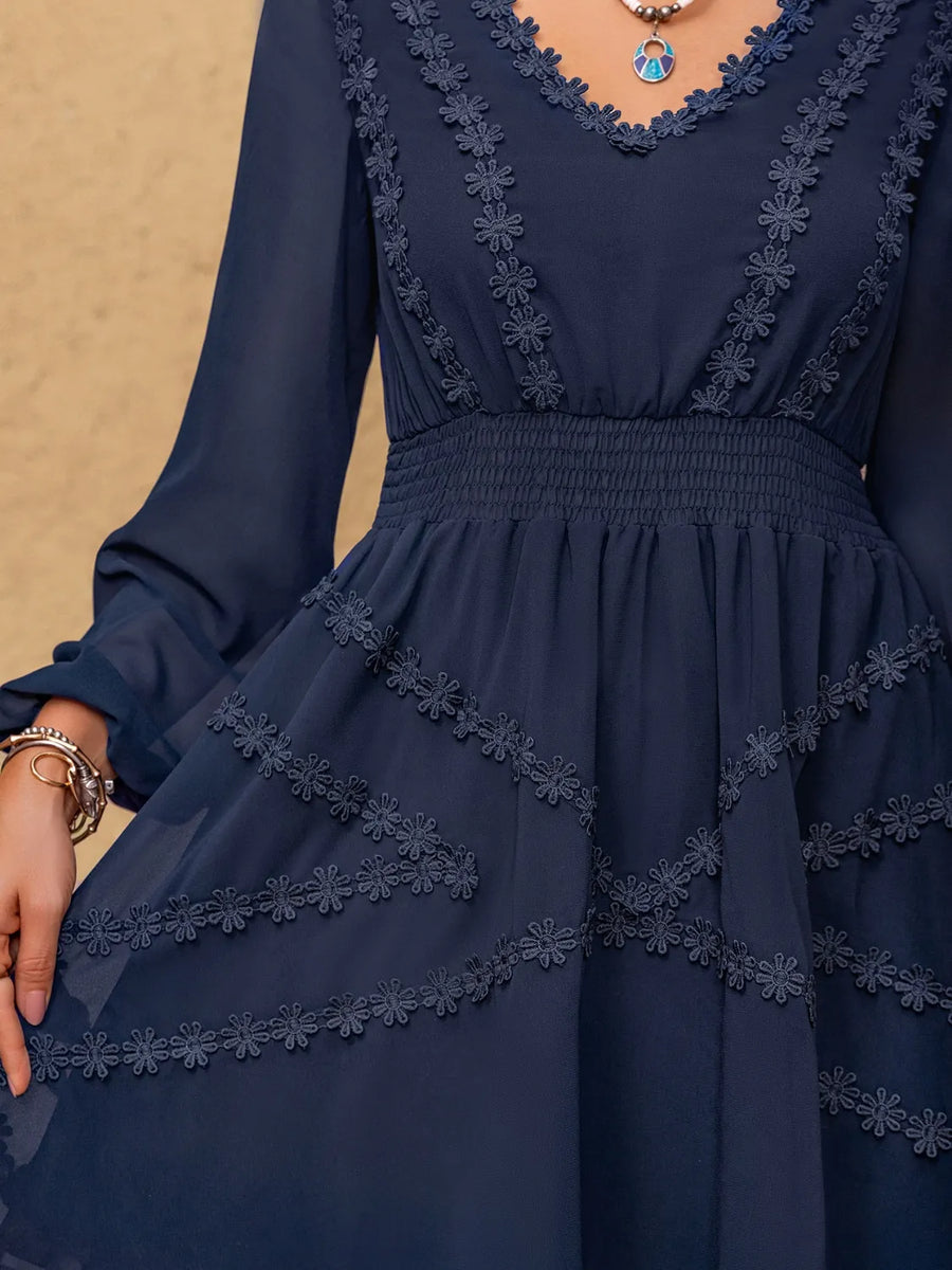 lace balloon sleeve dress Valeria Lace Detail V-Neck Balloon Sleeve Mini Dress, Navy / S