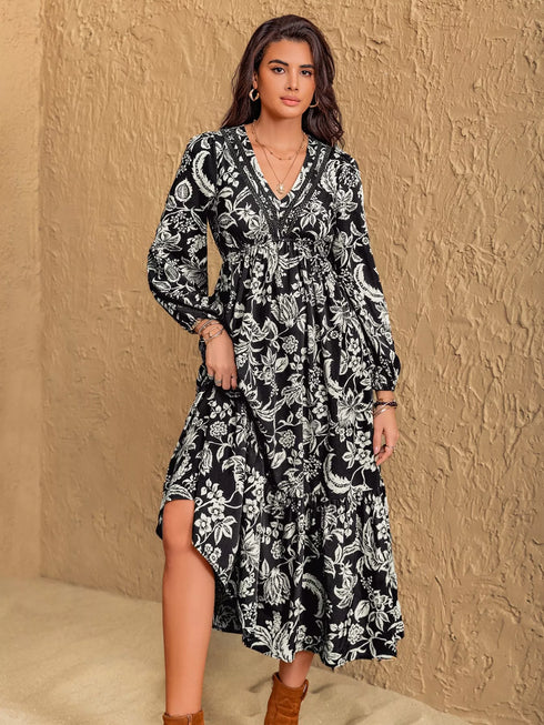 floral-print-v-neck-long-sleeve-ruffle-hem-midi-dress-OhSoStyled-Sophia's-Style-3