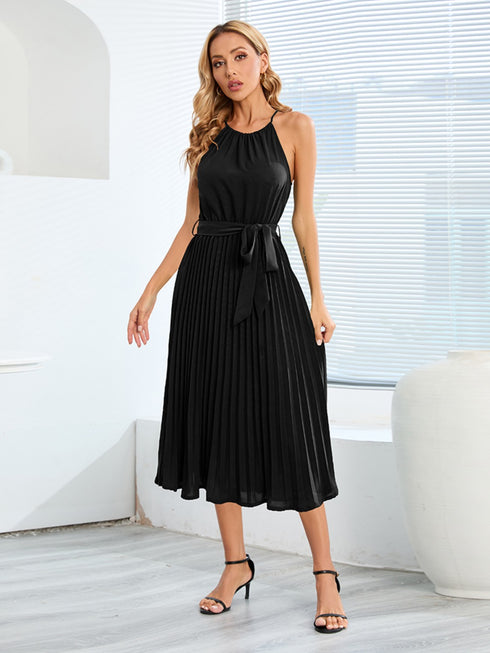pleated-spaghetti-strap-tie-waist-midi-dress Sophia's Trends - Sophia's Style-Dark Green-M