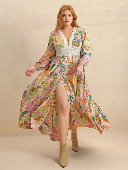 plus-size-lace-detail-printed-v-neck-balloon-sleeve-dress OhSoStyled - Sophia's Style-2