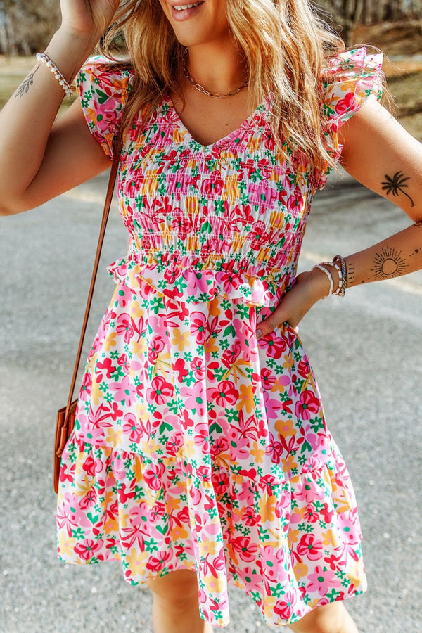 smocked-floral-v-neck-ruffled-cap-sleeve-dress OhSoStyled - Sophia's Style-1
