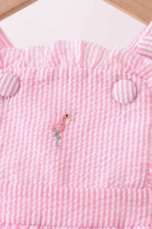 Pink stripe seersucker flamingo embroidery ruffle bubble