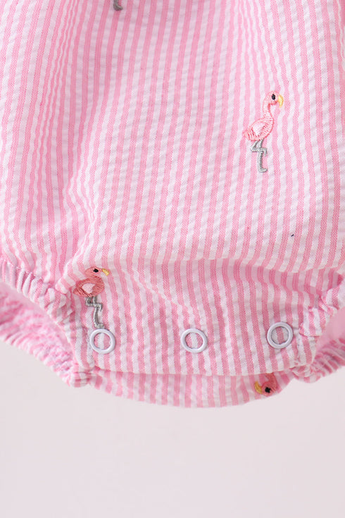 Pink stripe seersucker flamingo embroidery ruffle bubble
