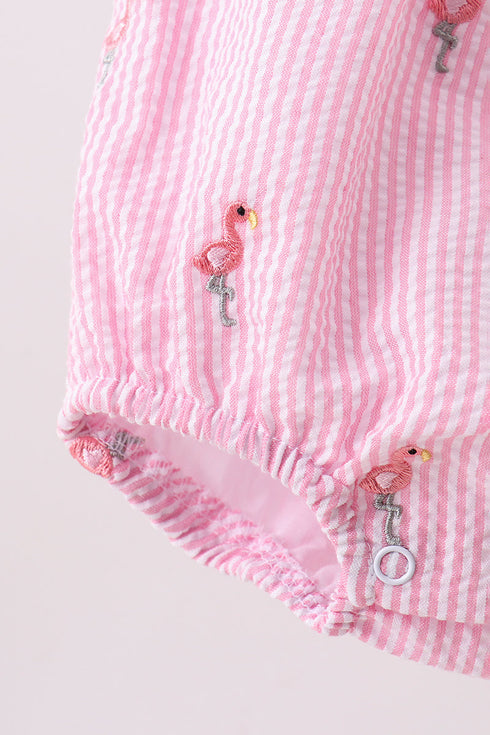 Pink stripe seersucker flamingo embroidery ruffle bubble