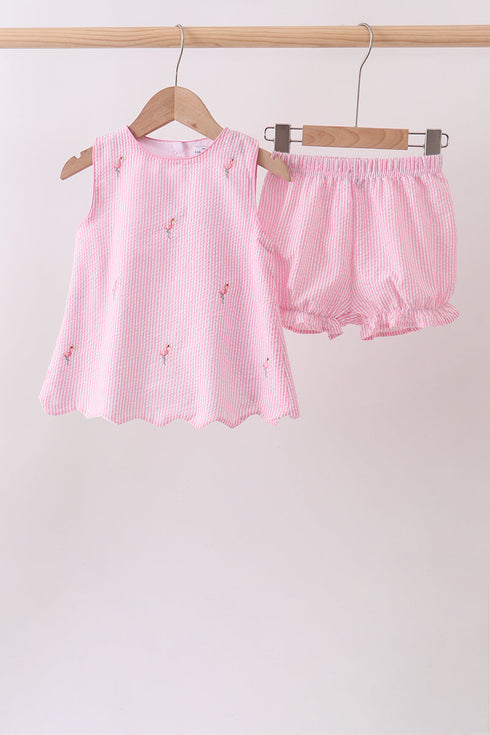 Pink stripe seersucker flamingo embroidery scalloped bloomer set