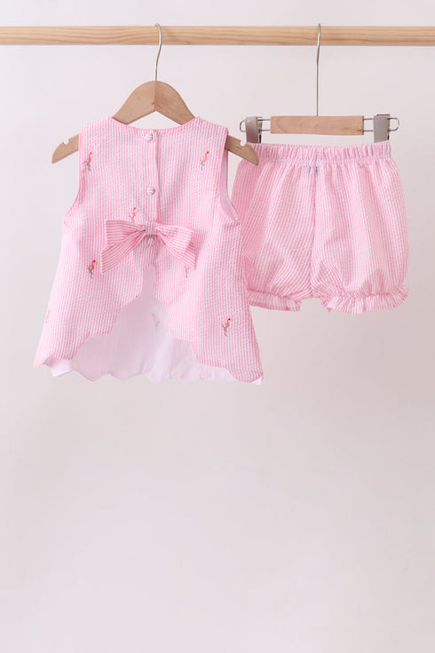 Pink stripe seersucker flamingo embroidery scalloped bloomer set