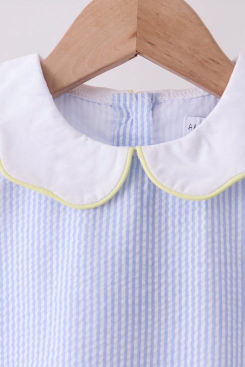 Blue stripe seersucker lemon applique dress