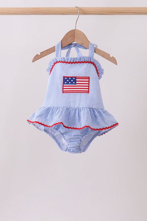 Blue flag applique gingham ruffle one-piece swimsuit