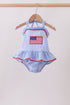 Blue flag applique gingham ruffle one-piece swimsuit