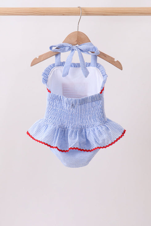 Blue flag applique gingham ruffle one-piece swimsuit