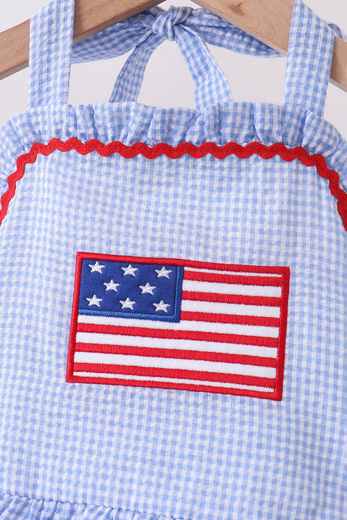 Blue flag applique gingham ruffle one-piece swimsuit