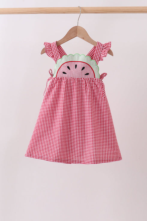 Red watermelon ruffle gingham dress