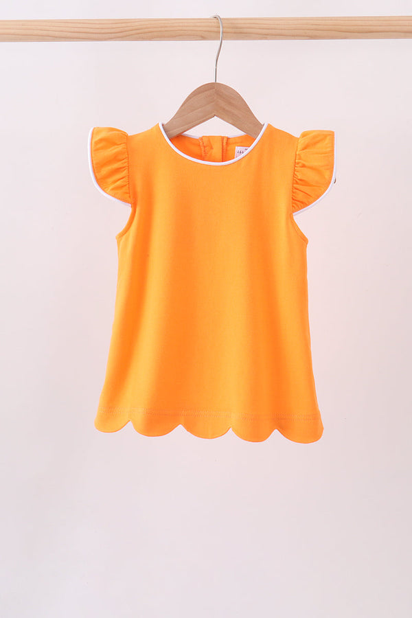 Orange flutter sleeve scalloped top