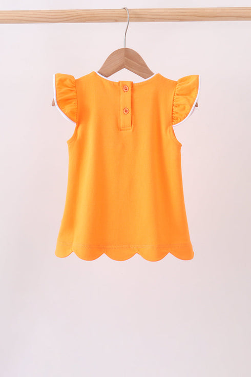 Orange flutter sleeve scalloped top