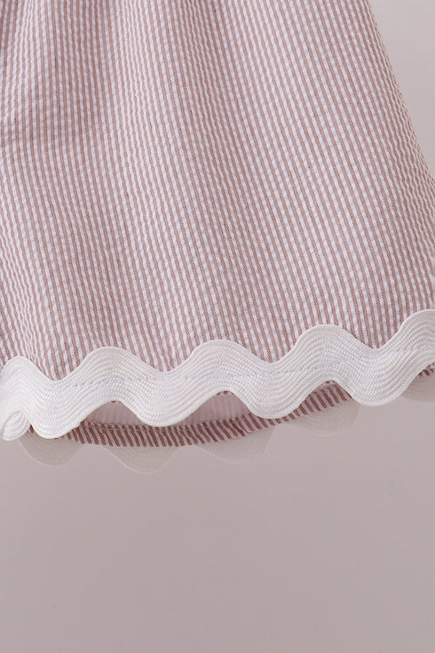 Khaki Seersucker Stripe Scalloped Shorts Set