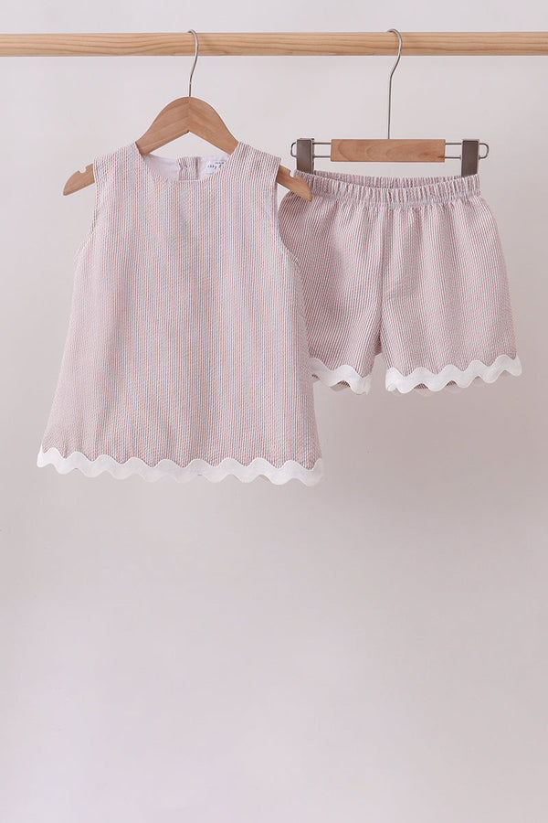 Khaki Seersucker Stripe Scalloped Shorts Set