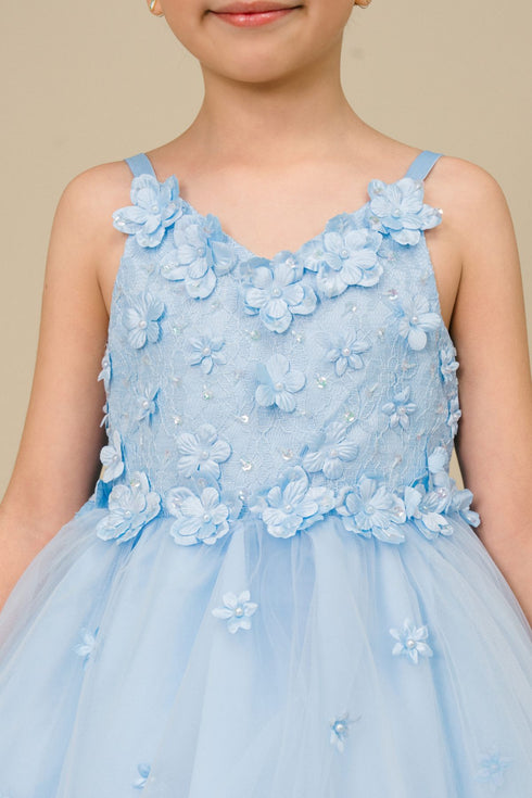 Girls 3D Flower Embedded High Low Tulle Junior Bridesmaid Dress, Sizes 2-12