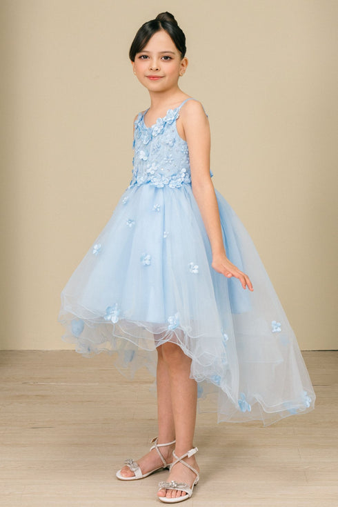 Girls 3D Flower Embedded High Low Tulle Junior Bridesmaid Dress, Sizes 2-12