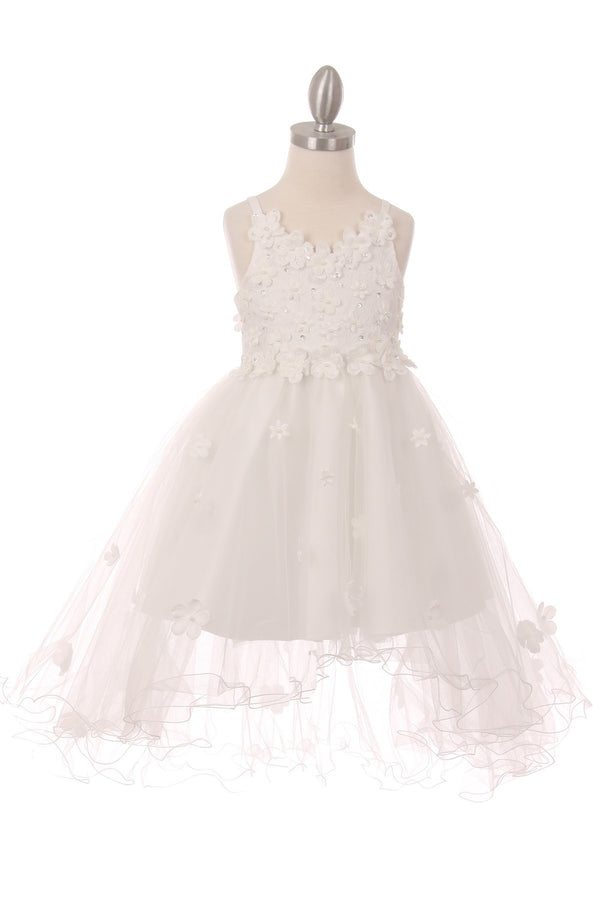 Girls White 3D Floral Appliques Satin Tulle Junior Bridesmaid Dress 2-12
