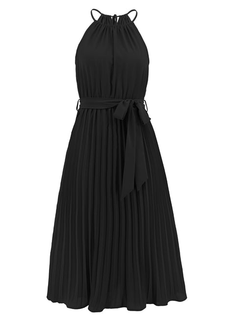 pleated-spaghetti-strap-tie-waist-midi-dress Sophia's Trends - Sophia's Style-Dark Green-XL