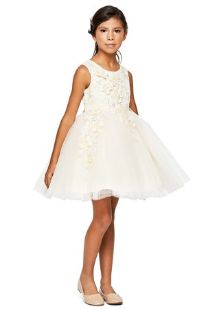 Little Girls Champagne 3D Floral Appliques Soft Tulle Flower Girl Dress 2-6 - SophiasStyle.com