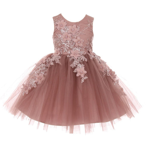 Girls Mauve 3D Floral Appliques Soft Tulle Easter Flower Girl Dress 2-12 - SophiasStyle.com