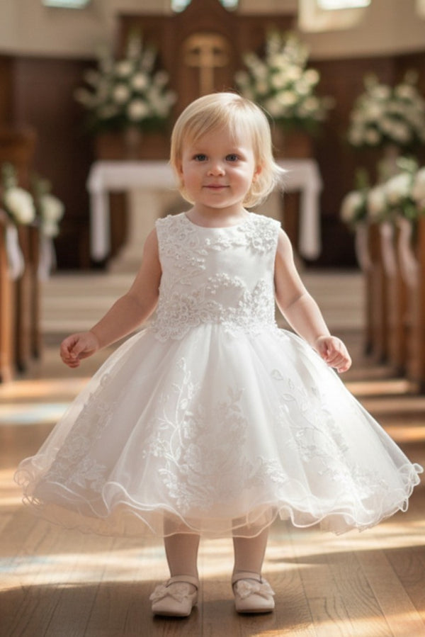 Baby Girls White Lace Applique Tulle Special Occasion Dress 6-24 Months