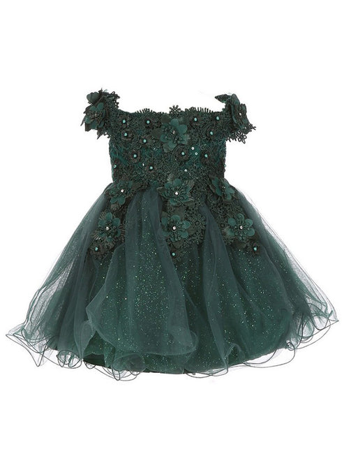 Baby Girls Dusty Rose 3D Floral Lentejuelas Tul Fuera del hombro Vestido de niña de las flores 6-24M