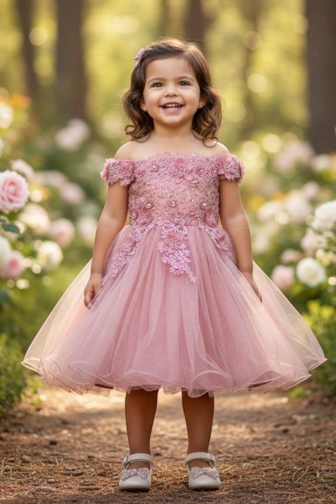 Baby Girls Dusty Rose 3D Floral Lentejuelas Tul Fuera del hombro Vestido de niña de las flores 6-24M