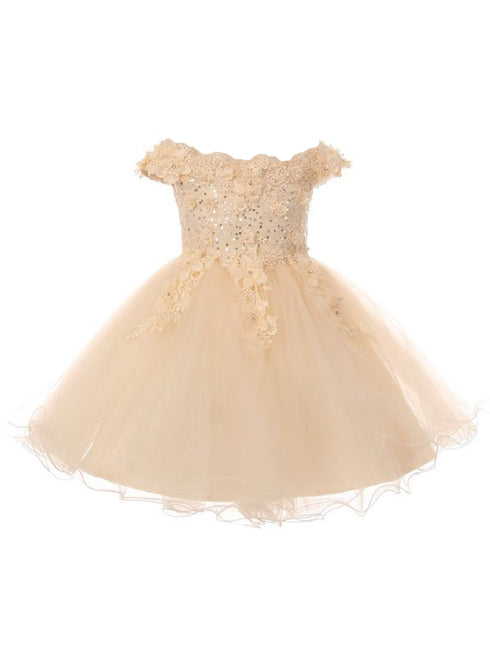 Baby Girls Dusty Rose 3D Floral Lentejuelas Tul Fuera del hombro Vestido de niña de las flores 6-24M