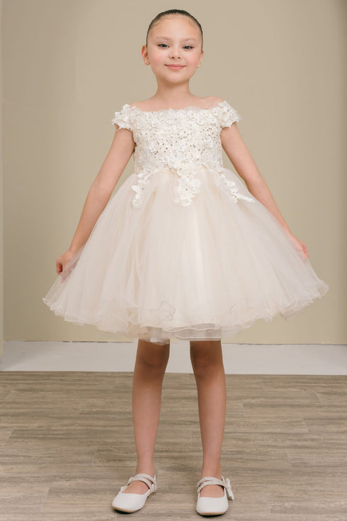Girls 3D Floral Tulle Off Shoulder Junior Bridesmaid Dress 2-12