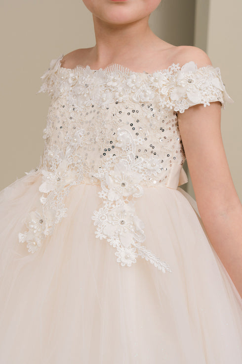Girls 3D Floral Tulle Off Shoulder Junior Bridesmaid Dress 2-12