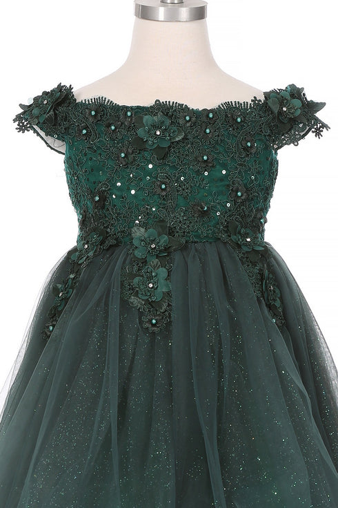 Baby Girls Dusty Rose 3D Floral Lentejuelas Tul Fuera del hombro Vestido de niña de las flores 6-24M