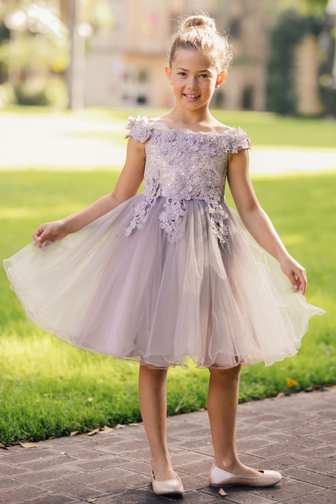 Girls Multi Color 3D Floral Tulle Off Shoulder Junior Bridesmaid Dress 2-12