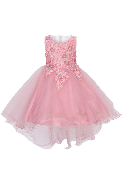 Girls Dusty Rose Rhinestone Pearl Tulle Hi-Low Flower Girl Dress, Sizes 2-12
