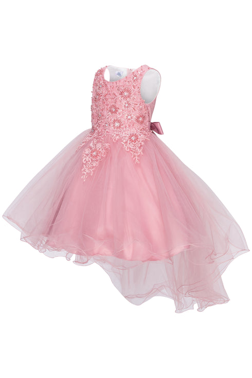 Girls Dusty Rose Rhinestone Pearl Tulle Hi-Low Flower Girl Dress, Sizes 2-12