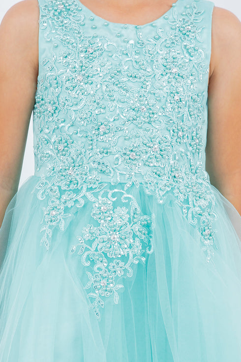 Big Girls Aqua Rhinestone Pearl Wired Tulle Hi-Low Junior vestido de dama de honor 8-12