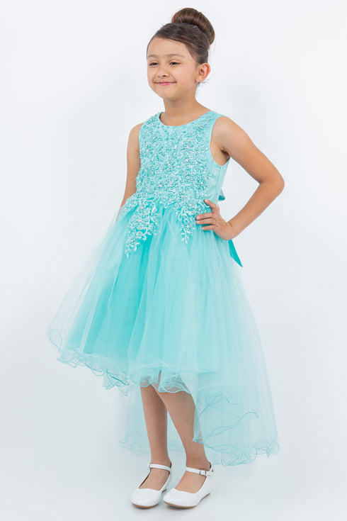 Big Girls Aqua Rhinestone Pearl Wired Tulle Hi-Low Junior vestido de dama de honor 8-12