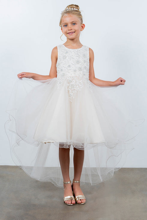 Girls Rhinestone Pearl Wired Tulle Hi-Low Flower Girl Dress 2-12